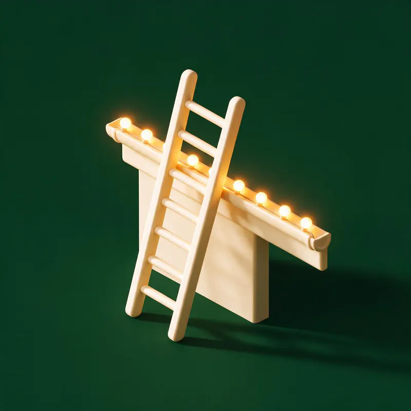 Illustration of a ladder leaning against a roof edge lined with lit bulbs.