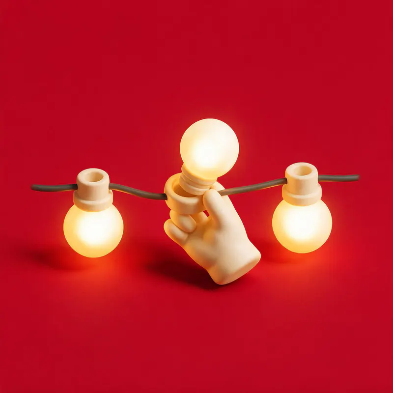 Illustration of a hand lifting one bulb out of a lit strand.