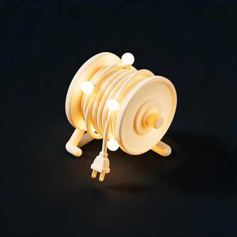 Illustration of a light strand being wound onto a reel.