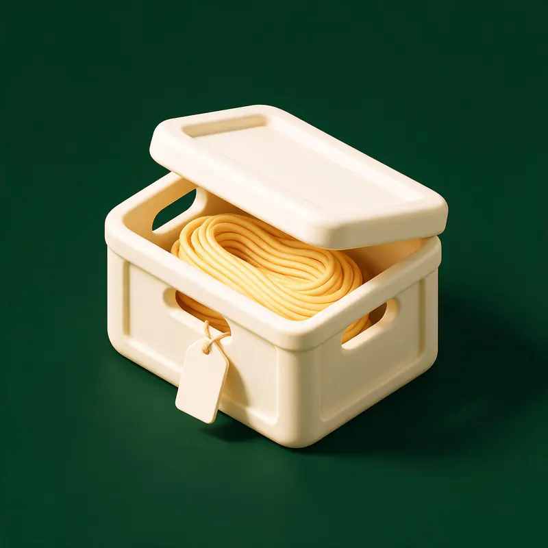 Illustration of a storage crate holding neatly coiled light strands.